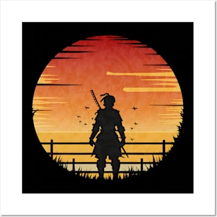 Retro vintage anime samurai in sunset Posters and Art